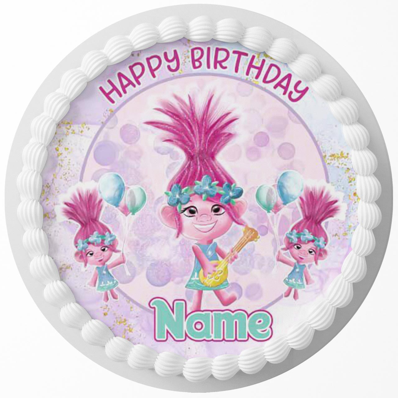 Watercolour Poppy of Trolls Round – Icing Sheet Birthday - Personalized Edible Cake Topper | Custom Icing Sheet | Birthday Cake Decoration