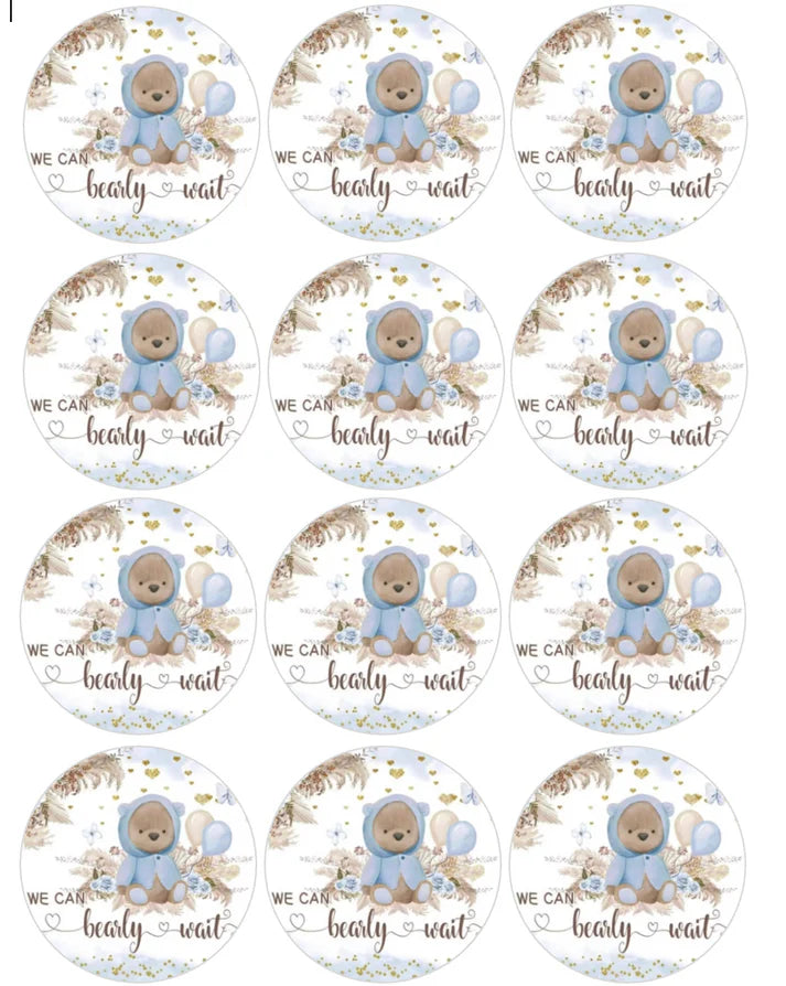 We Can Bearly Wait Baby Shower Edible Cupcake Toppers Icing Sheet or Wafer Paper