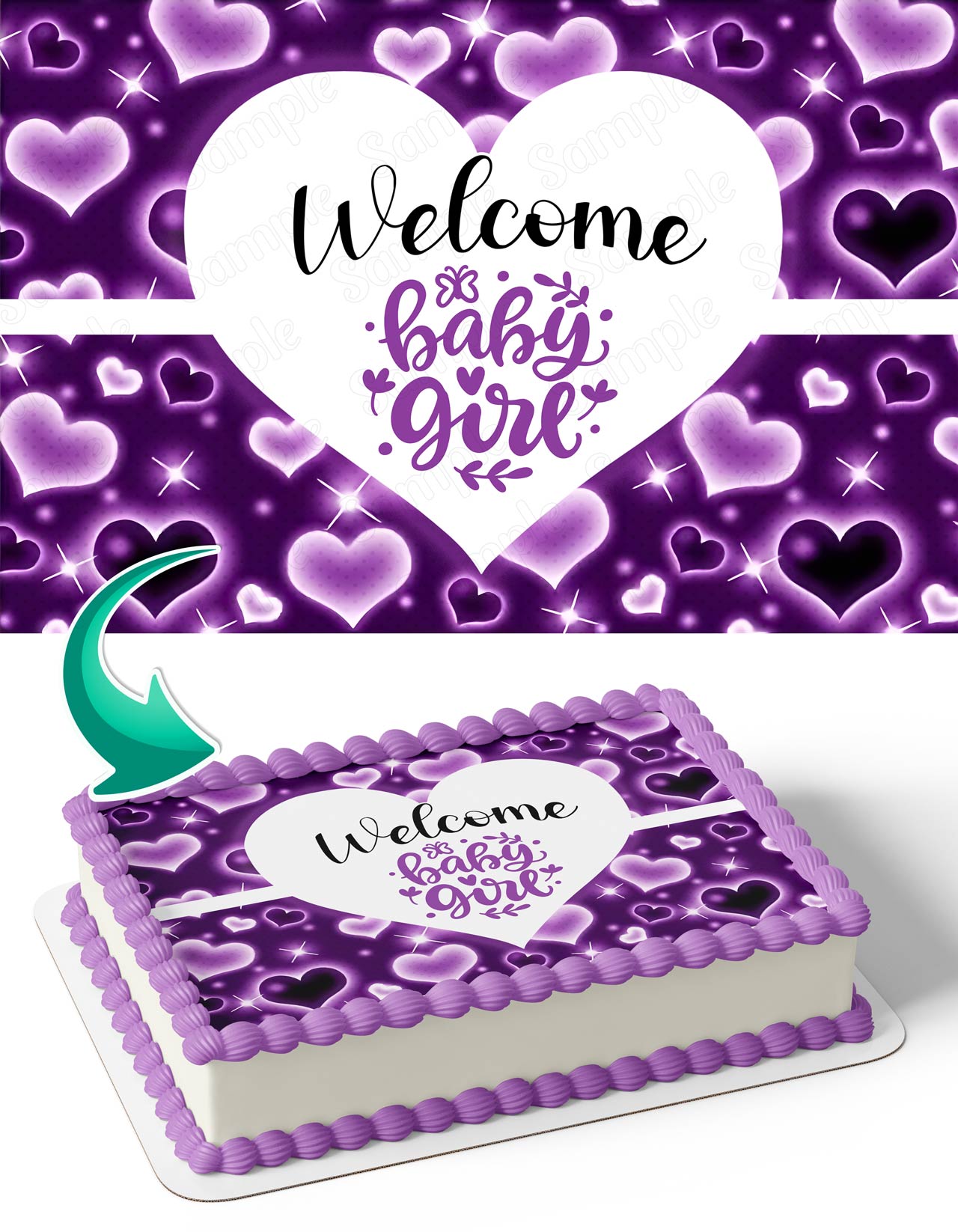 Welcome Baby Girl Purple Hearts Edible Cake Topper