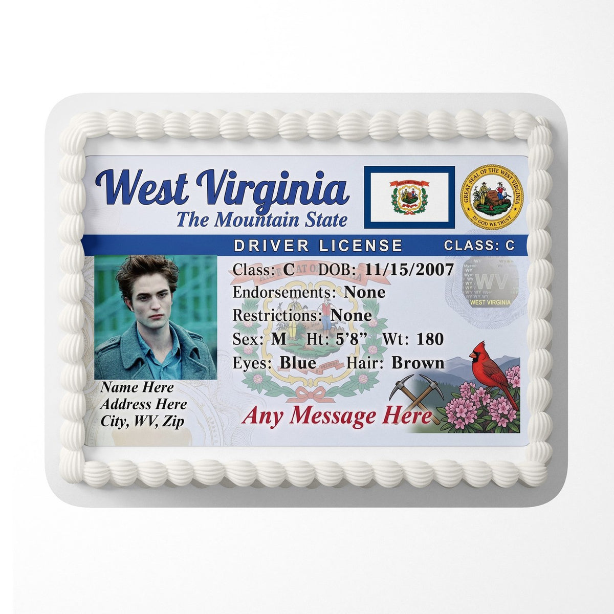 West Virginia Driver License Edible Cake Topper – Custom Photo Birthday Icing Sheet