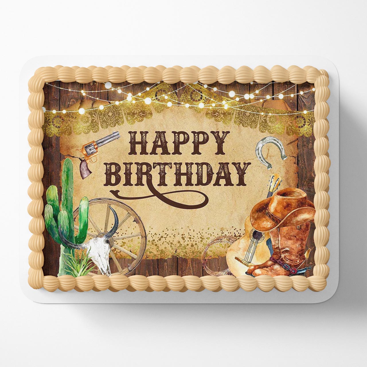 Western Cowboy Cactus Cattle Boys Rustic Wooden Edible Cake Topper