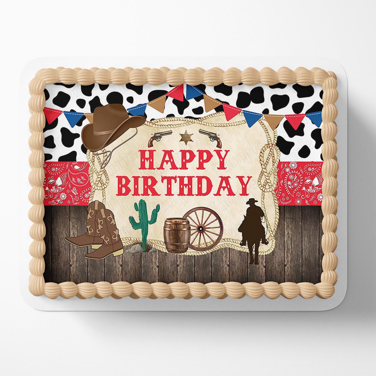 Western Cowboy Cactus Cattle Boys Rustic Wooden Red Bandana CWW Edible Cake Topper