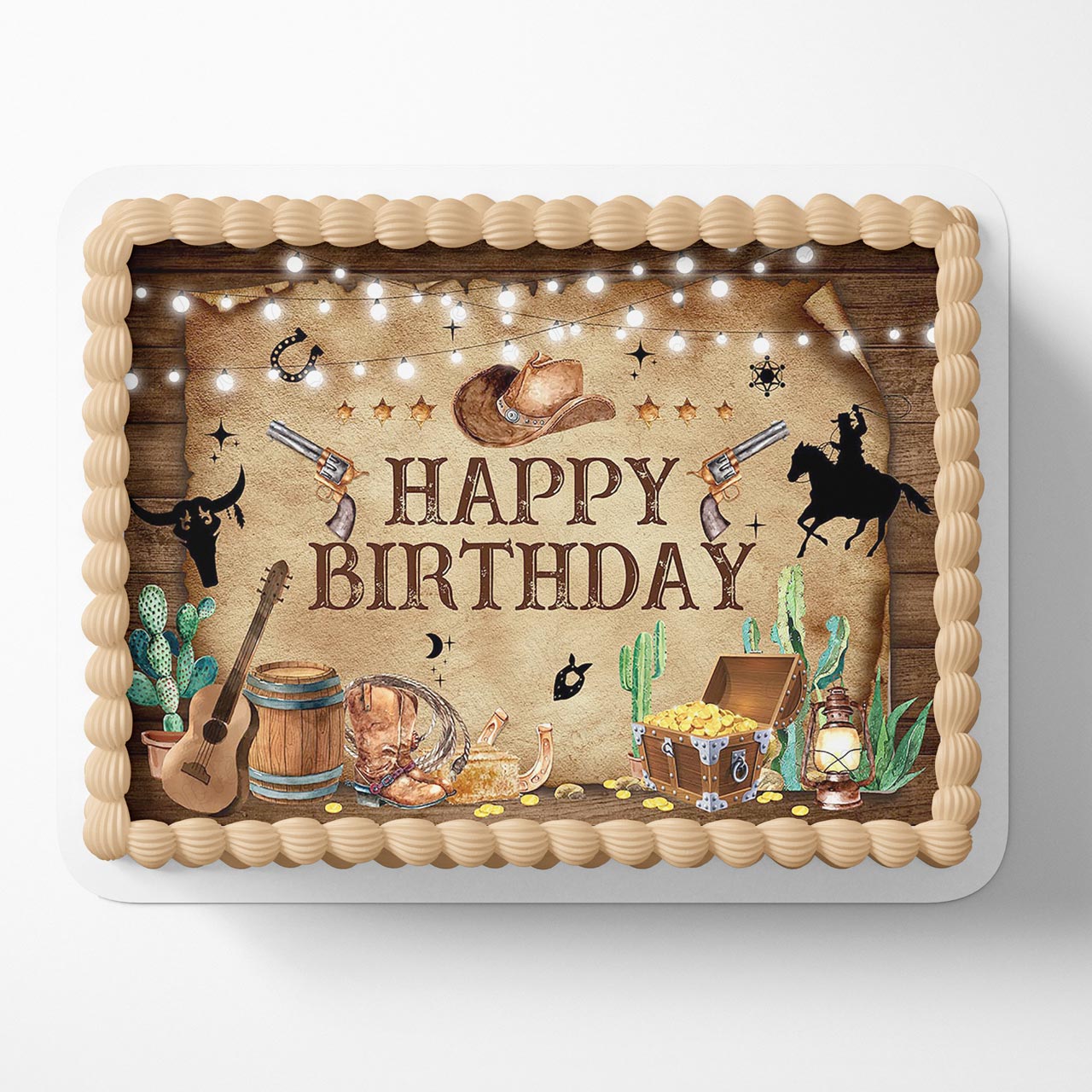 Western Cowboy Horse Boys Rustic Wooden Barn Cactus Guitar Hat Wild West Edible Cake Topper