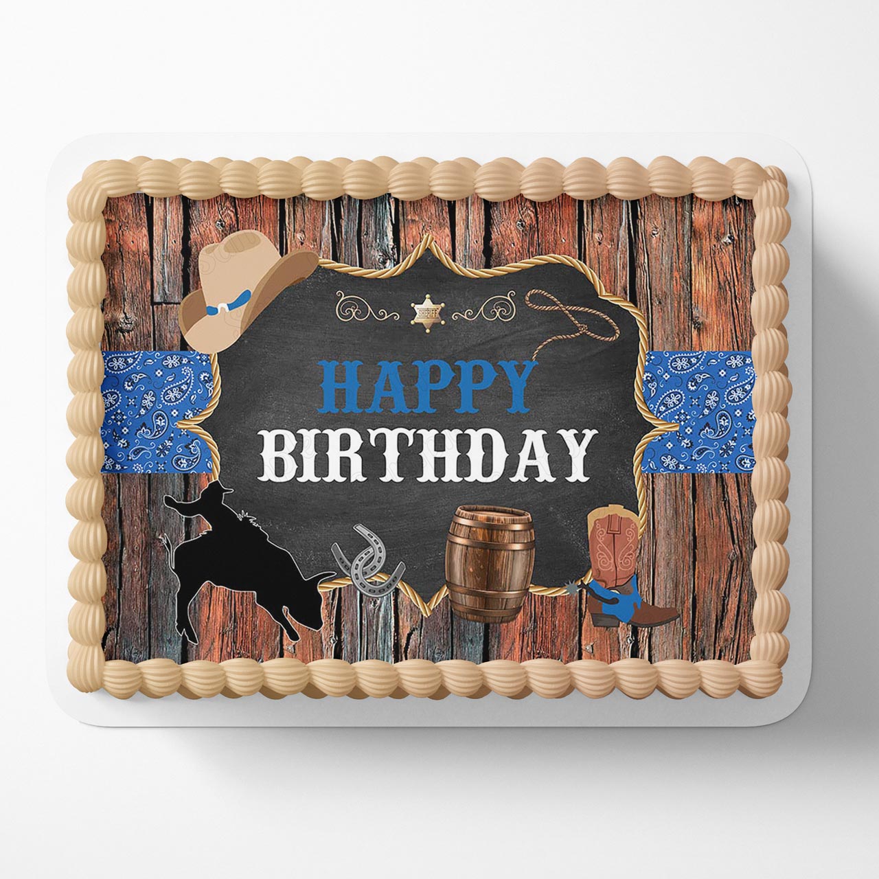 Western Cowboy Rodeo Rustic Wooden Mens Blue Bandana Edible Cake Topper