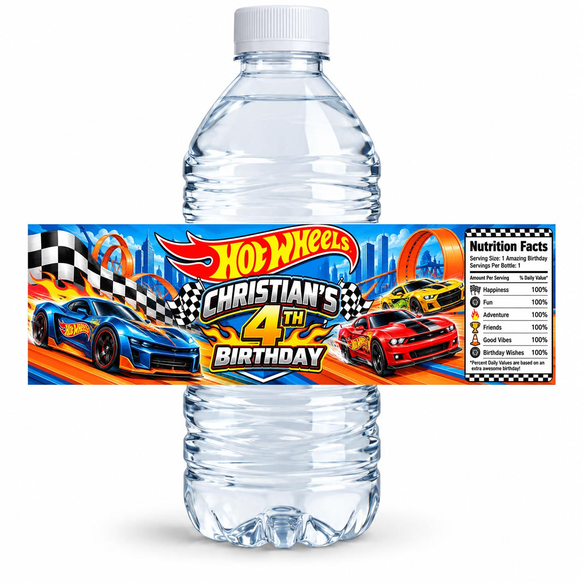 Custom Hot Wheels Water Bottle Label Sticker Birthday Decor Self Stick Wrapper