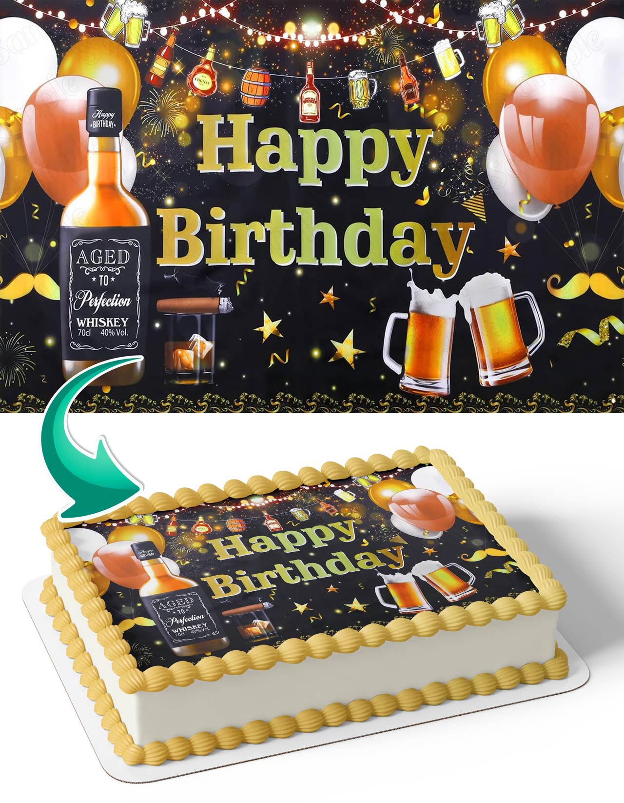 Whiskey Aged to Perfection Cheer Beer Cigar Edible Cake Topper