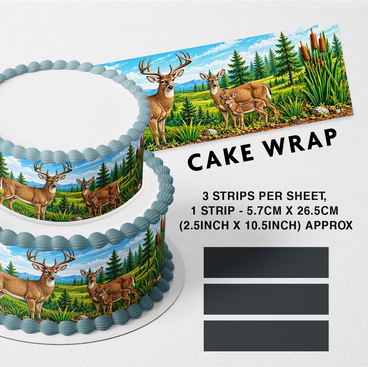 White-Tailed Deer Edible Cake Wrap – Hunting & Wildlife Cake Strips, Deer Cake Border Decoration, 3 Strips per Sheet