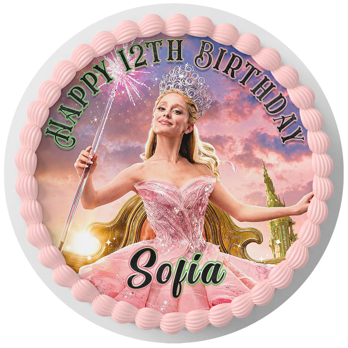 Wicked Glinda Upland Edible Cake Topper Round Personalized Edible Cake Topper | Custom Icing Sheet | Birthday Cake Decoration