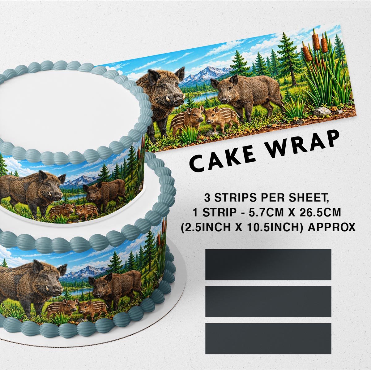 Wild Boar Edible Cake Wrap – Hunting & Wildlife Cake Strips, Deer Cake Border Decoration, 3 Strips per Sheet