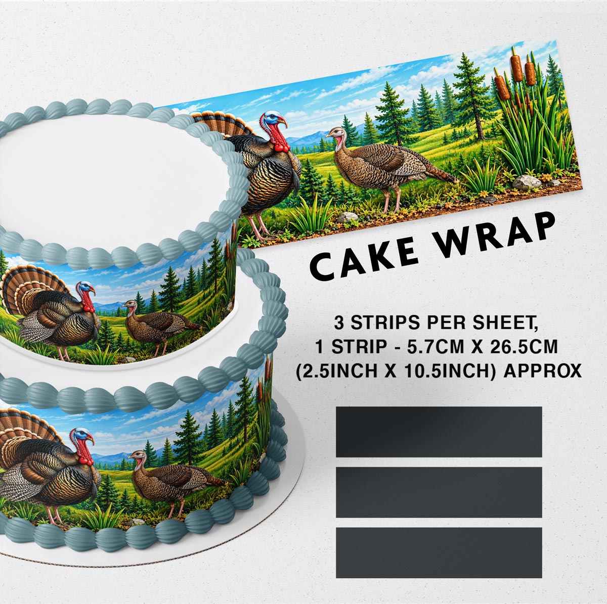 Wild Turkey Edible Cake Wrap – Hunting & Wildlife Cake Strips, Deer Cake Border Decoration, 3 Strips per Sheet