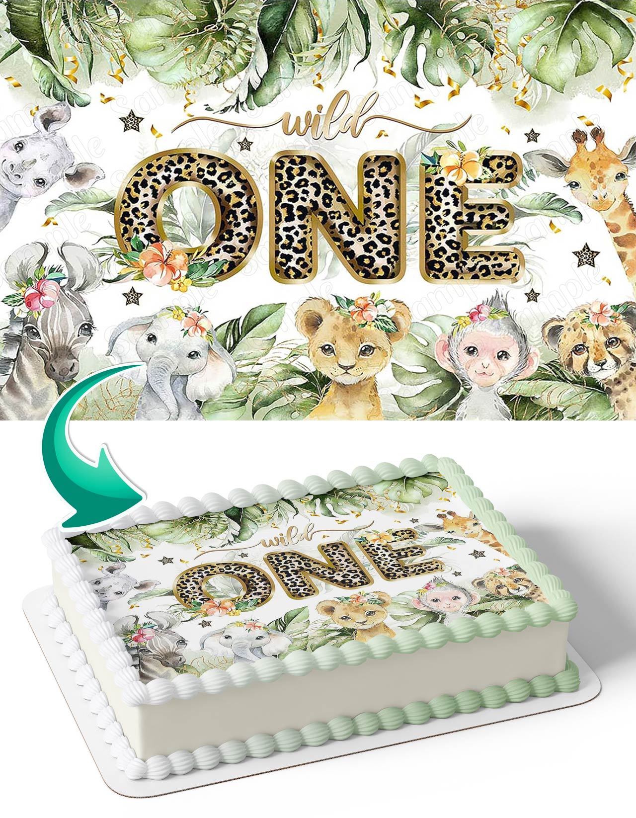 Wild One Gold Cheetah Jungle Zoo Animals Green Leaves Edible Cake Topper