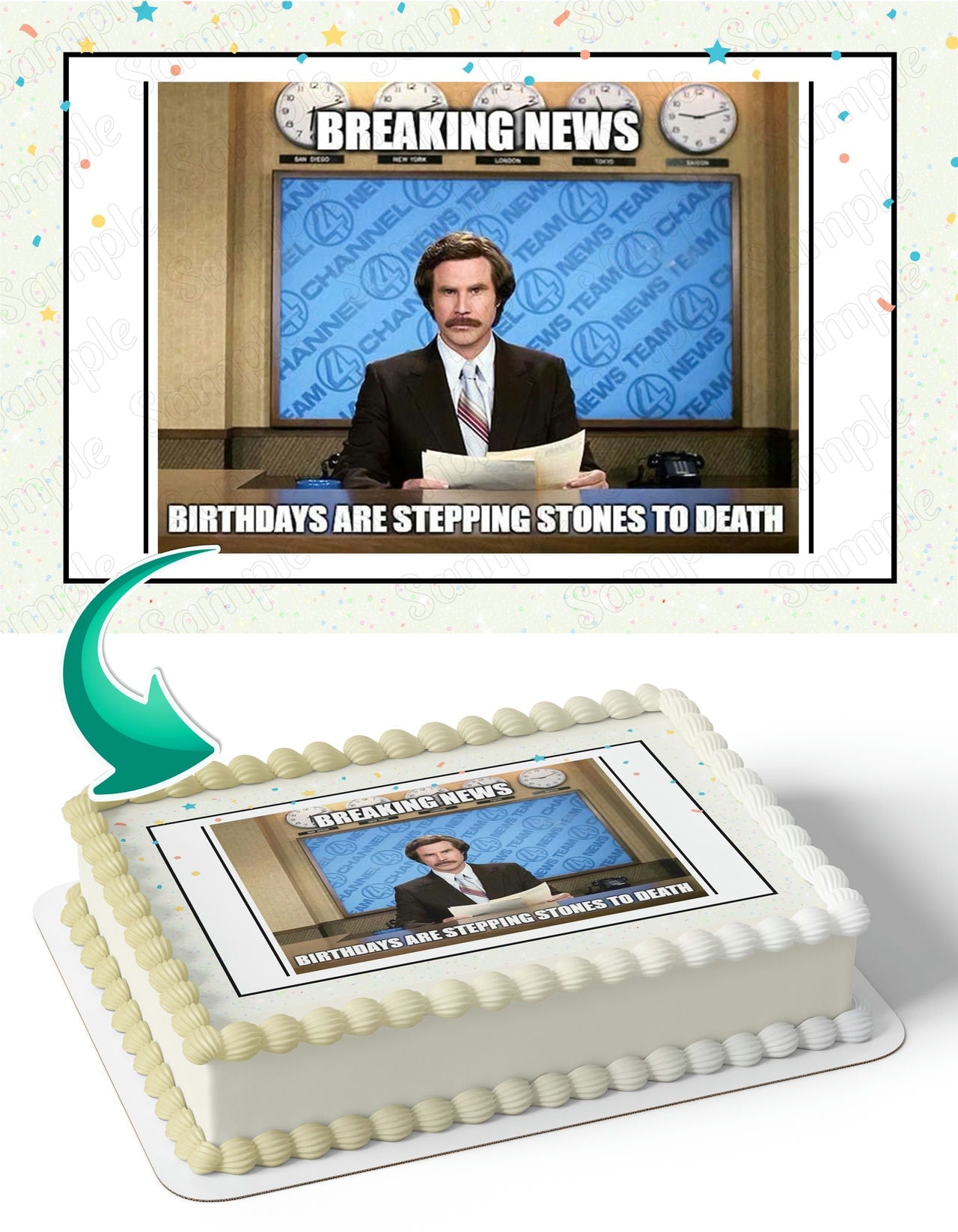 Will Ferrell Anchorman The Legend of Ron Burgundy Meme Edible Cake Topper