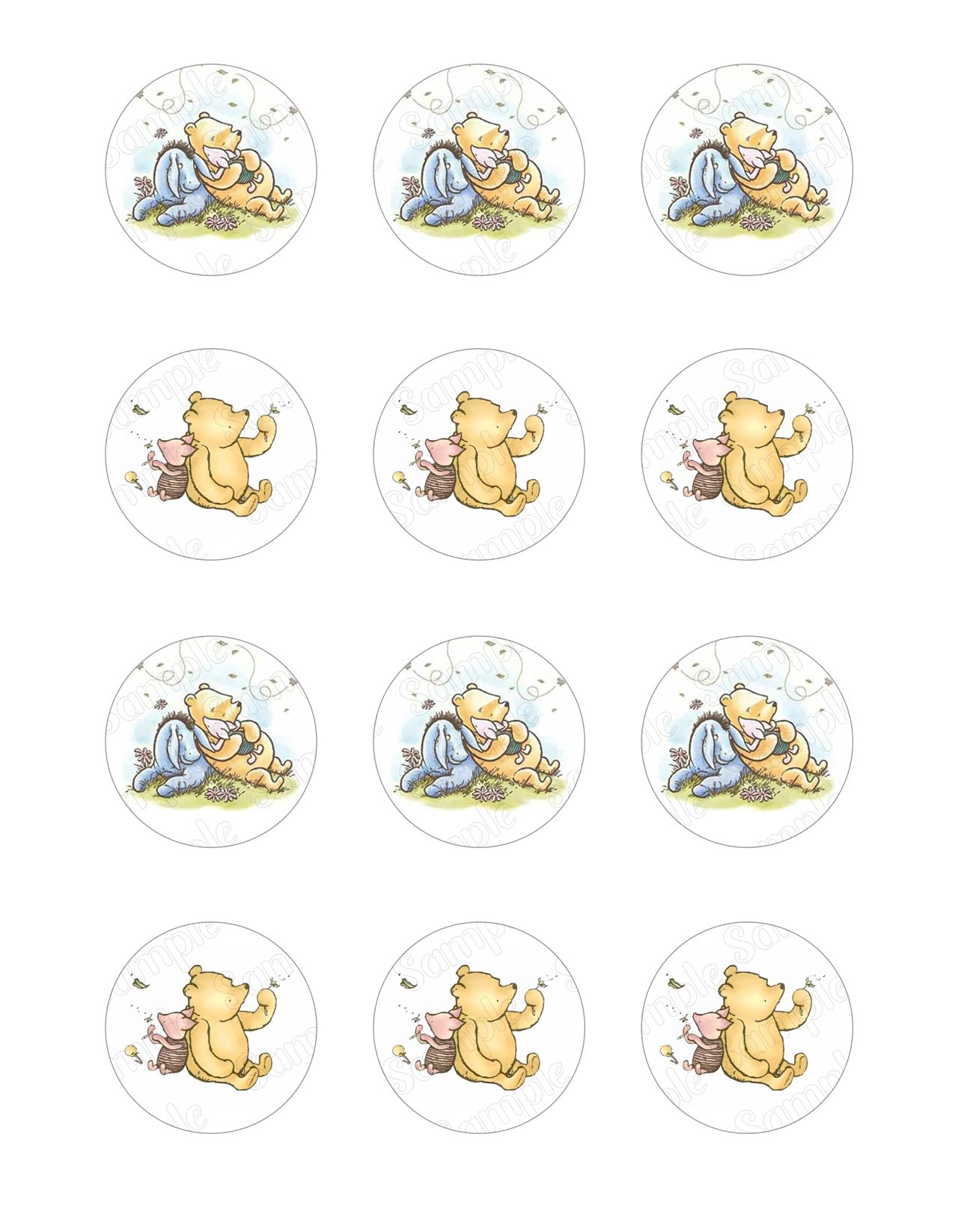 Winnie the Pooh Eeyore Piglet Cp Edible Cupcake Toppers – Round Ici - Edible Cake Topper | Icing Sheet | Birthday Cake Decoration