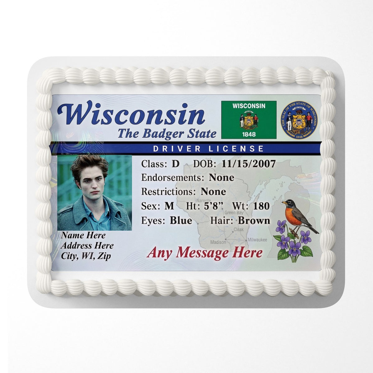 Wisconsin Driver License Edible Cake Topper – Custom Photo Birthday Icing Sheet