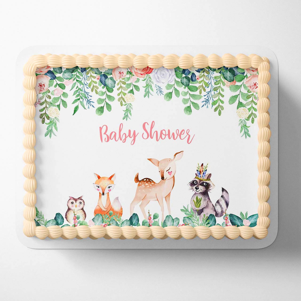 Woodland Green Leaves Wild Animals Baby Shower AGP Edible Cake Topper