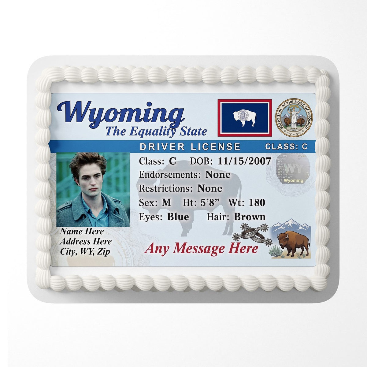 Wyoming Driver License Edible Cake Topper – Custom Photo Birthday Icing Sheet