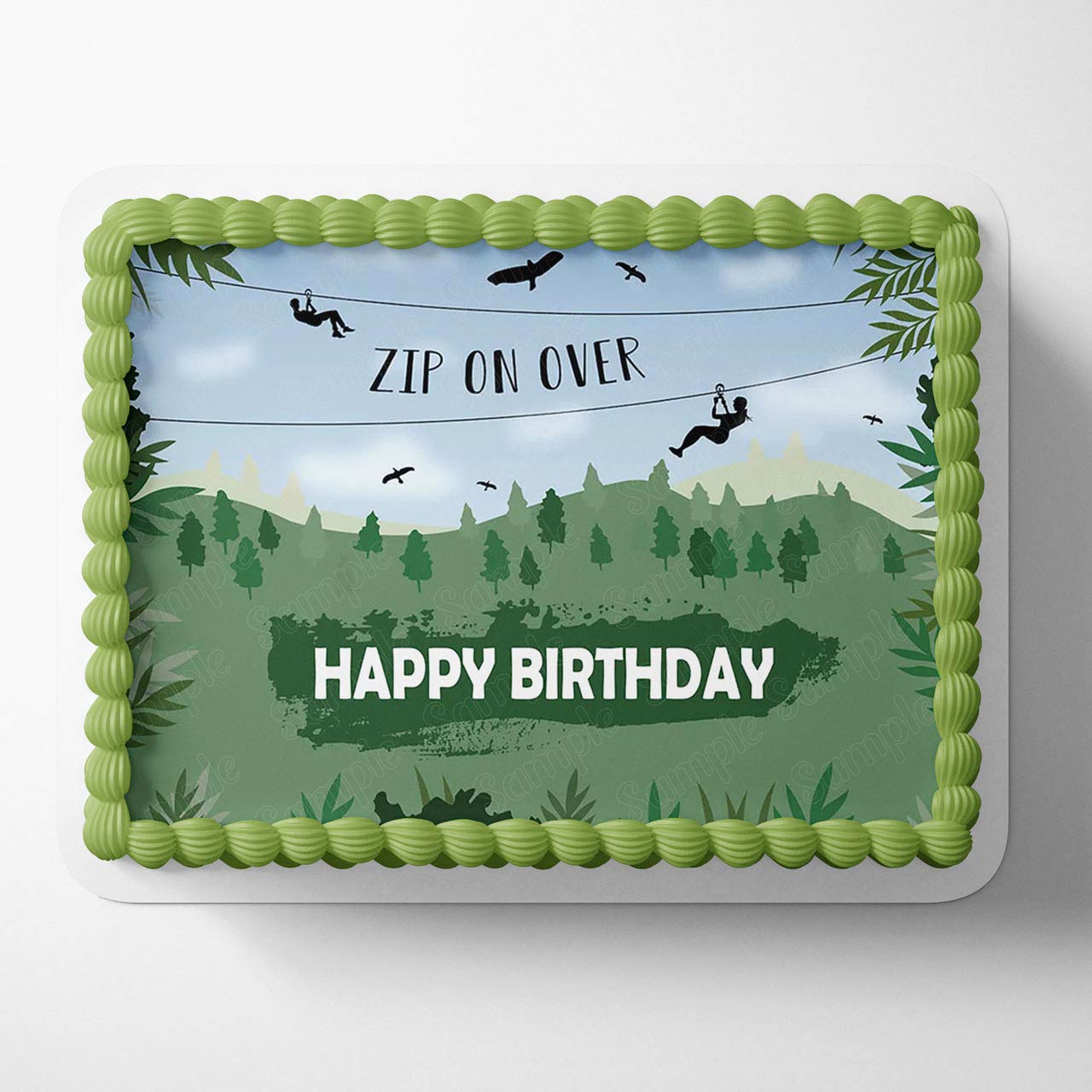 Zip On Over Green Mountain Forest Adventure Edible Cake Topper