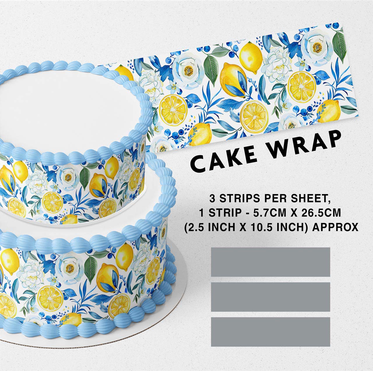 Green Yellow Blue Lemon Lime Citrus Flower Branches Edible Icing Printed Cake Wrap Strips Topper Ribbon Border image 0