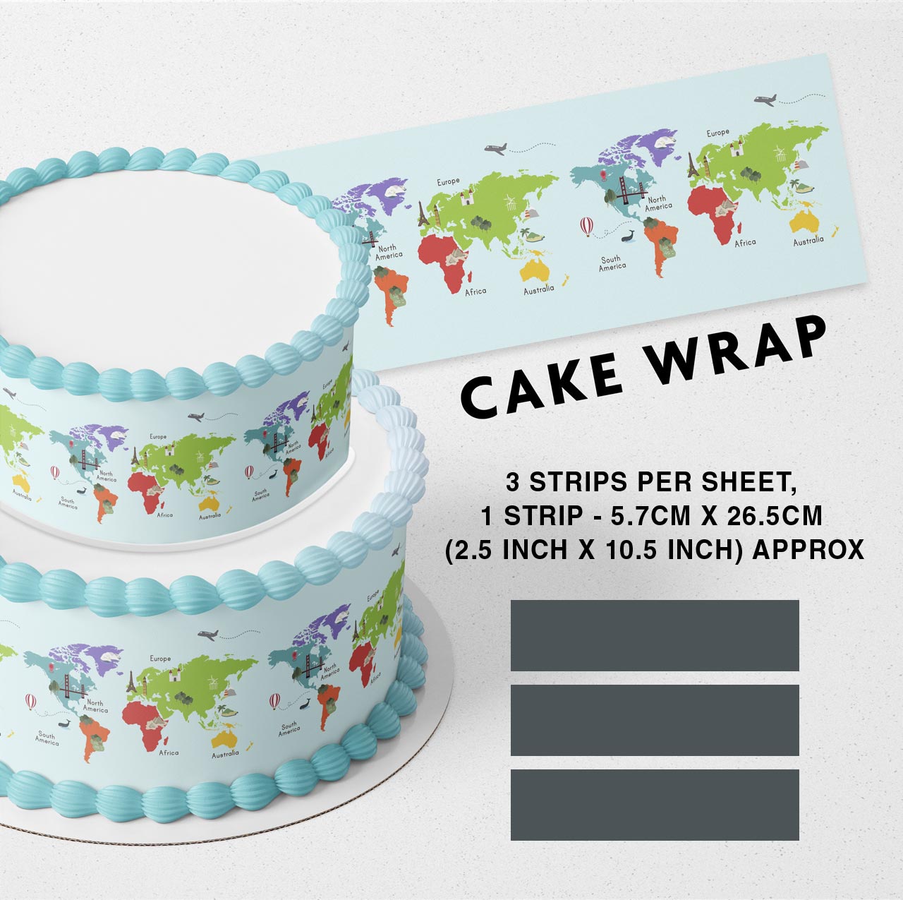 World Map Blue Strips Edible Icing Printed Cake Wrap Strips Topper Ribbon Border image 0