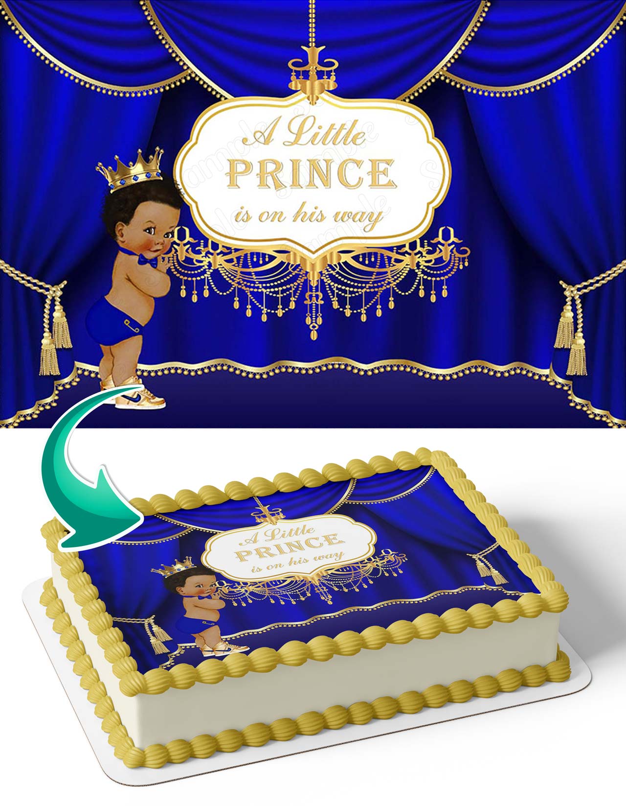 A Little Prince Is On His Way Blue African American Gold LPY Edible Cake Topper
