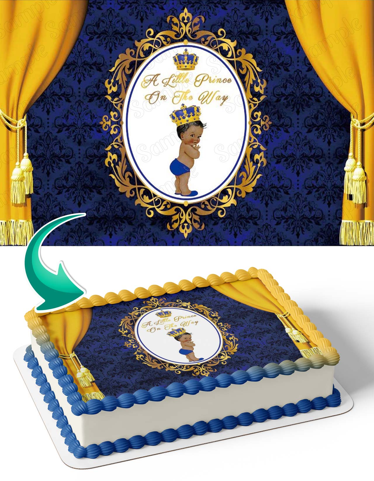 A Little Prince On The Way African American Baby Boy Royal Blue Gold Edible Cake Topper