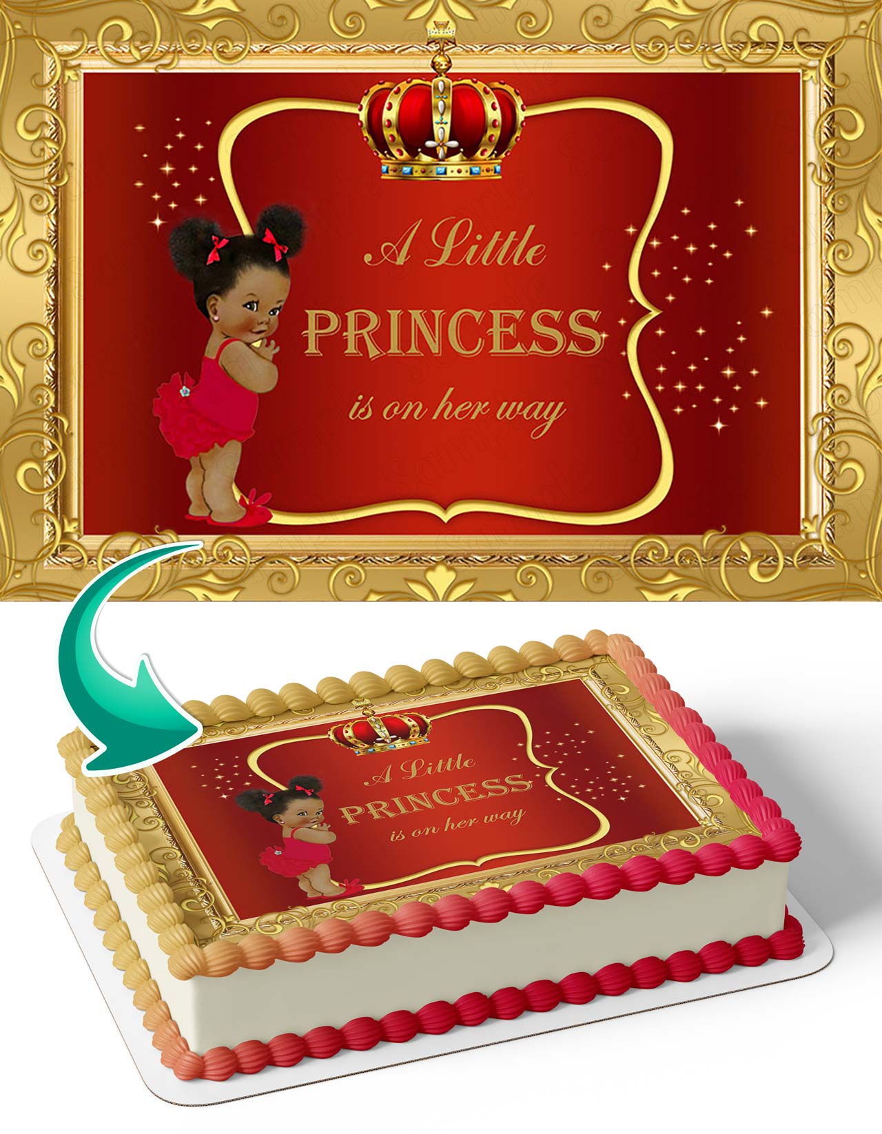 A Little Princess Is On Her Way Red African American Gold ARG Edible Cake Topper