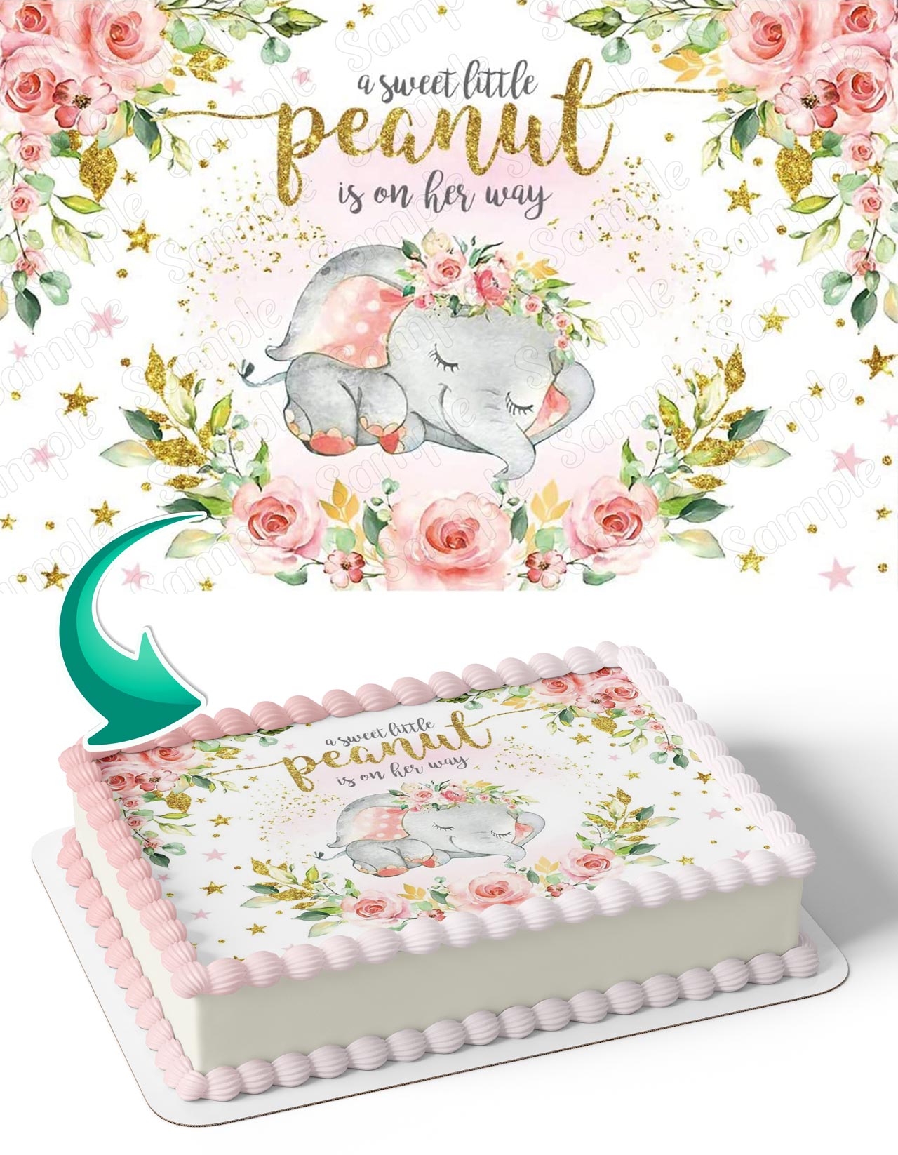A Sweet Little Peanut Is On Her Way Baby Girl Elephant Edible Cake Topper
