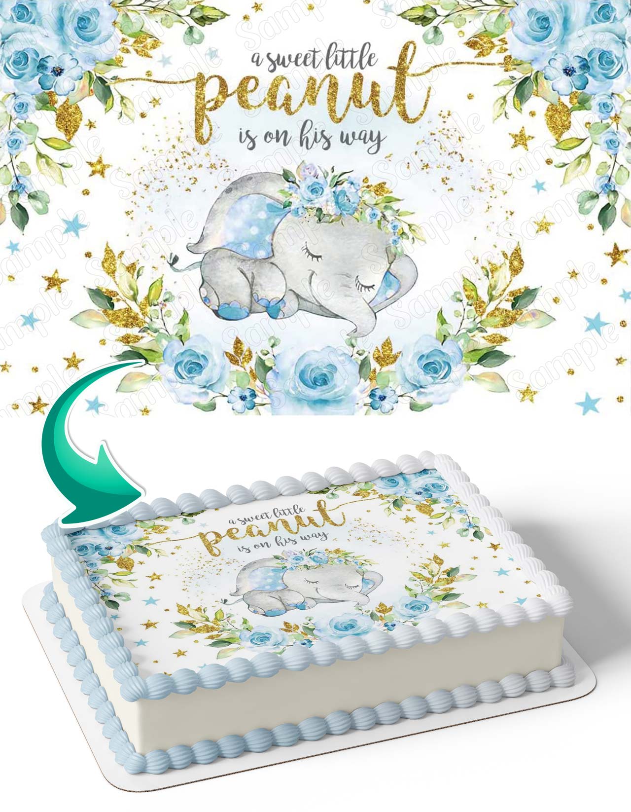 A Sweet Little Peanut Is On His Way Baby Boy Elephant Edible Cake Topper