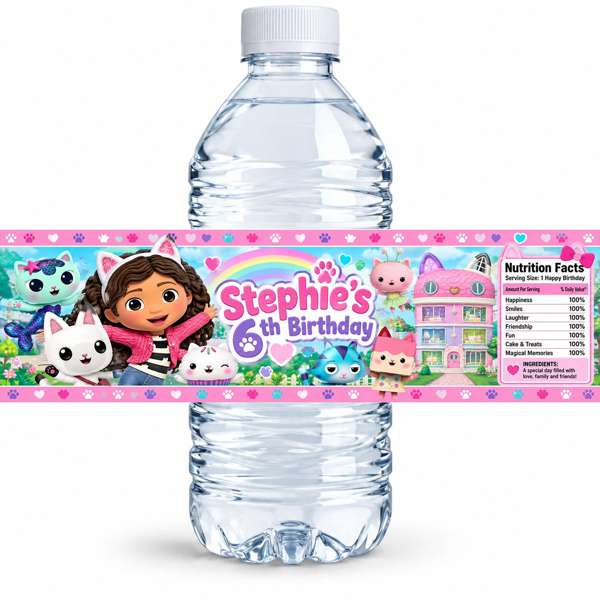 Custom Gabby Doll House Water Bottle Label Sticker Birthday Decor Self Stick Wrapper