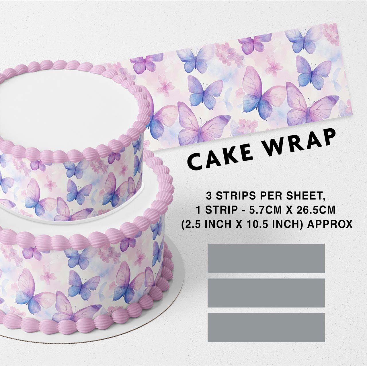 Light Purple Butterflies Flowers St Edible Icing Printed Cake Wrap Strips Topper Ribbon Border image 0