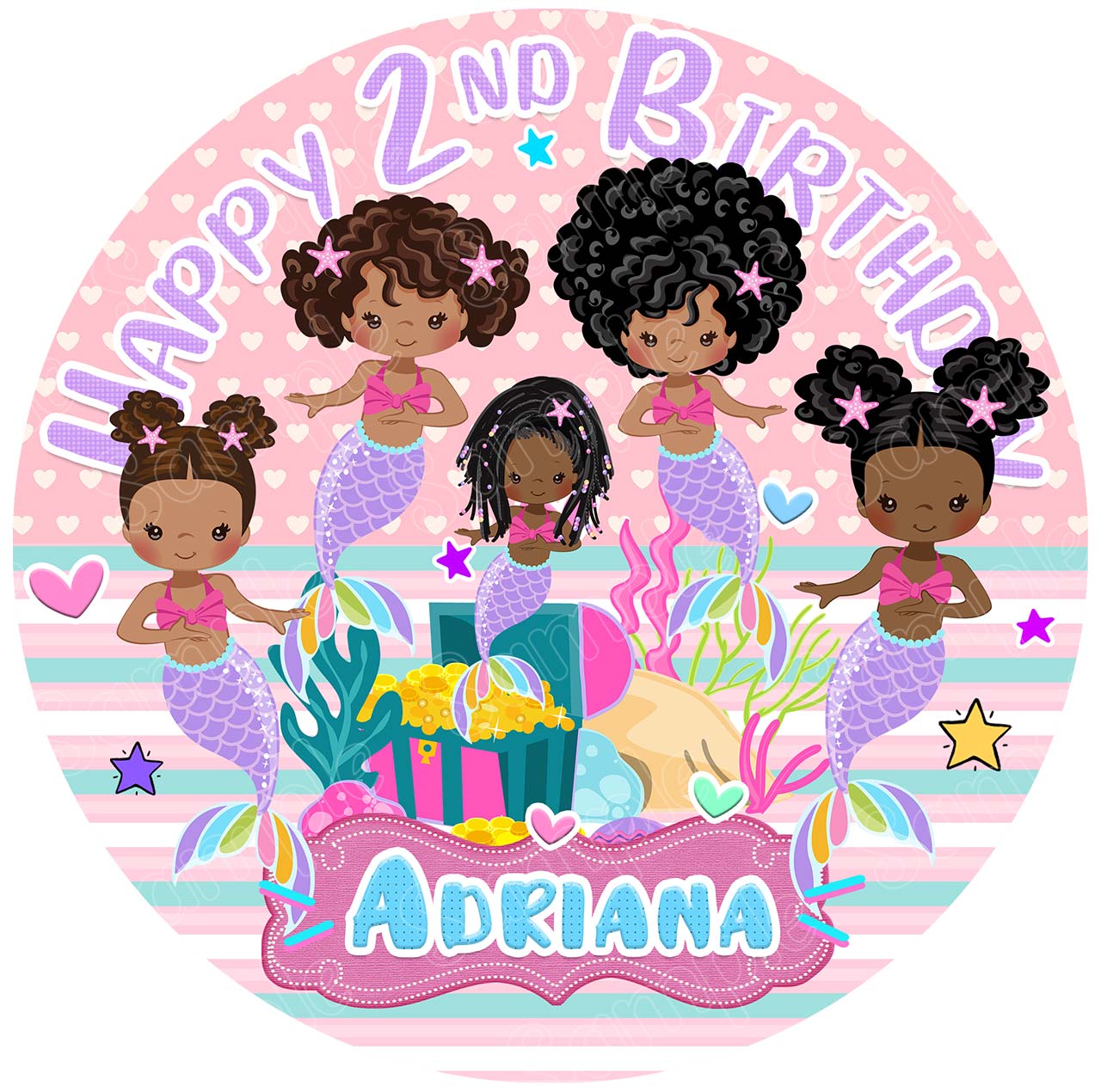 Afro American Mermaid Black Princess QVN Round – Icing Sheet Birt - Personalized Edible Cake Topper | Custom Icing Sheet | Birthday Cake Decoration