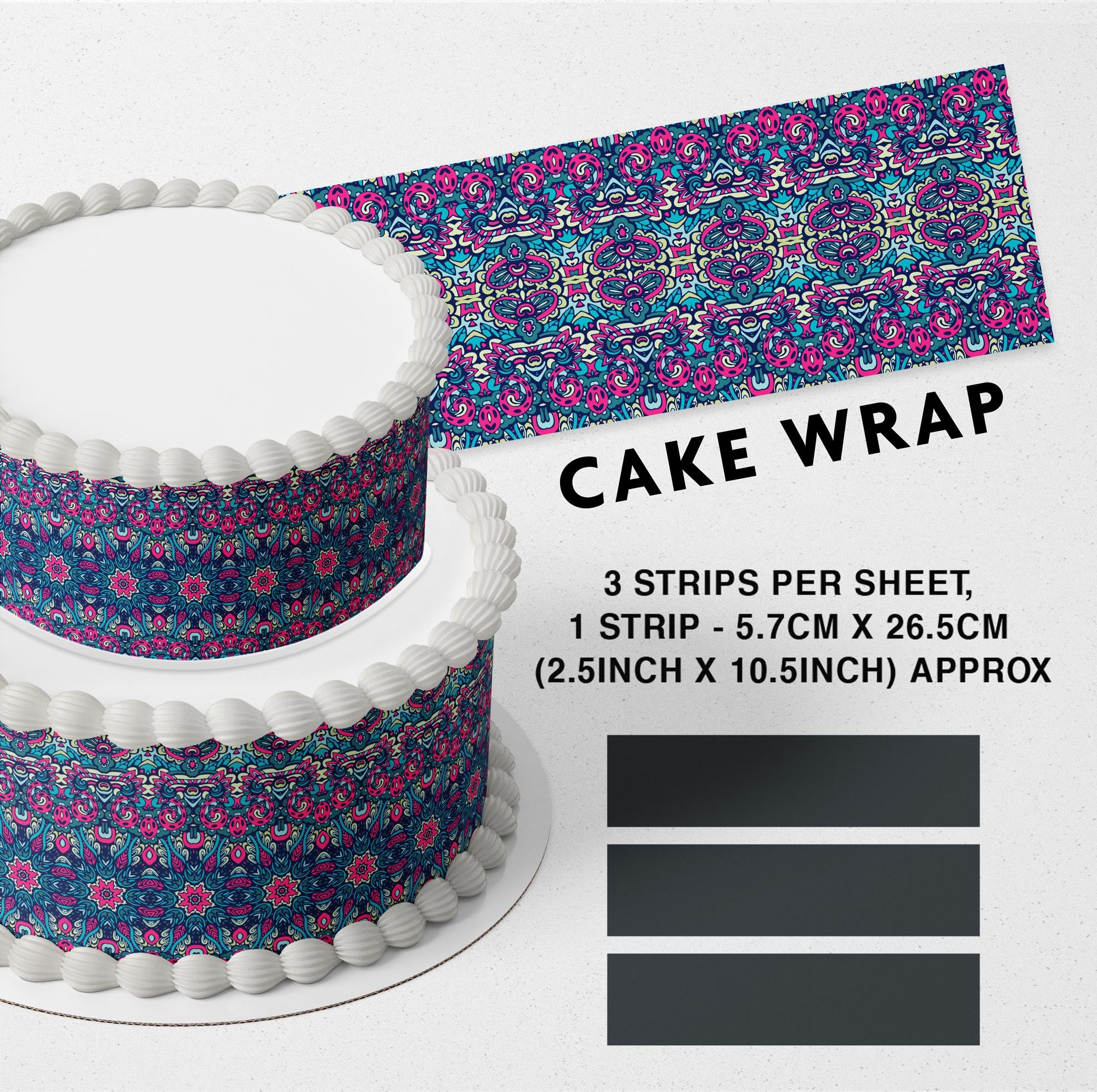 Boho Mandala, Ethnic Floral, Bohemian Edible Icing Printed Cake Wrap Strips Topper Ribbon Border image 0