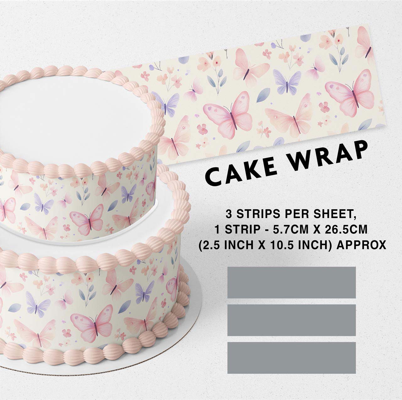 Light Pink Butterflies Flowers Edible Icing Printed Cake Wrap Strips Topper Ribbon Border image 0