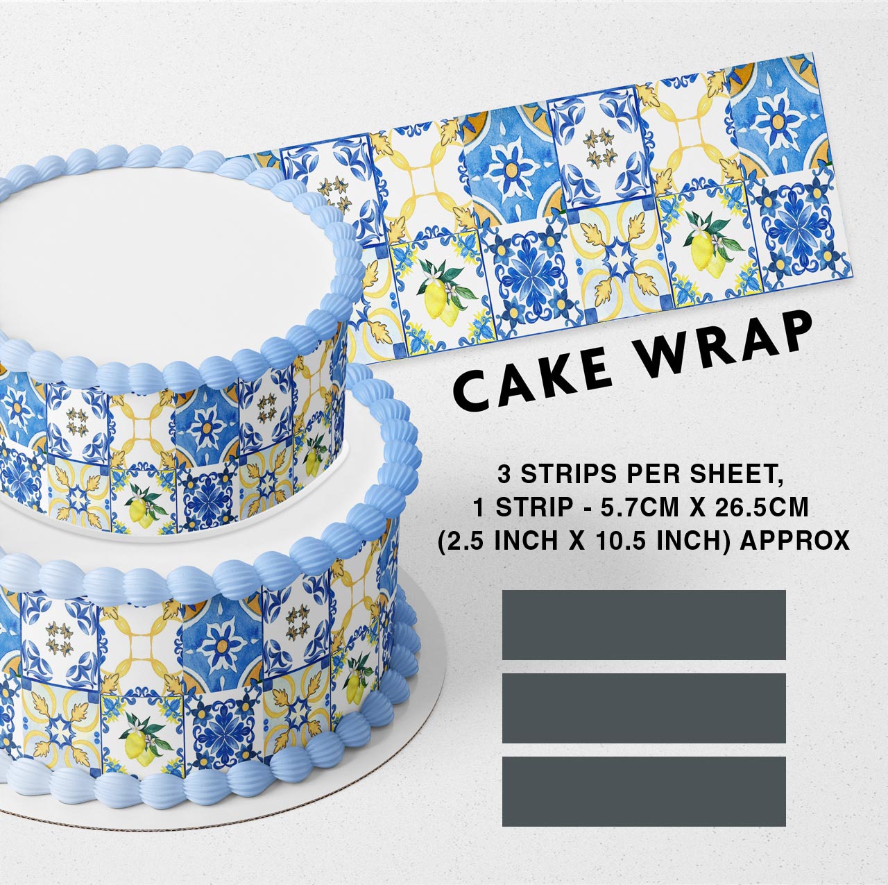 Mediterranean Positano Mosaic Amalfi Lemon Inspired Tile Pattern Strips Edible Icing Printed Cake Wrap Strips Topper Ribbon Border image 0