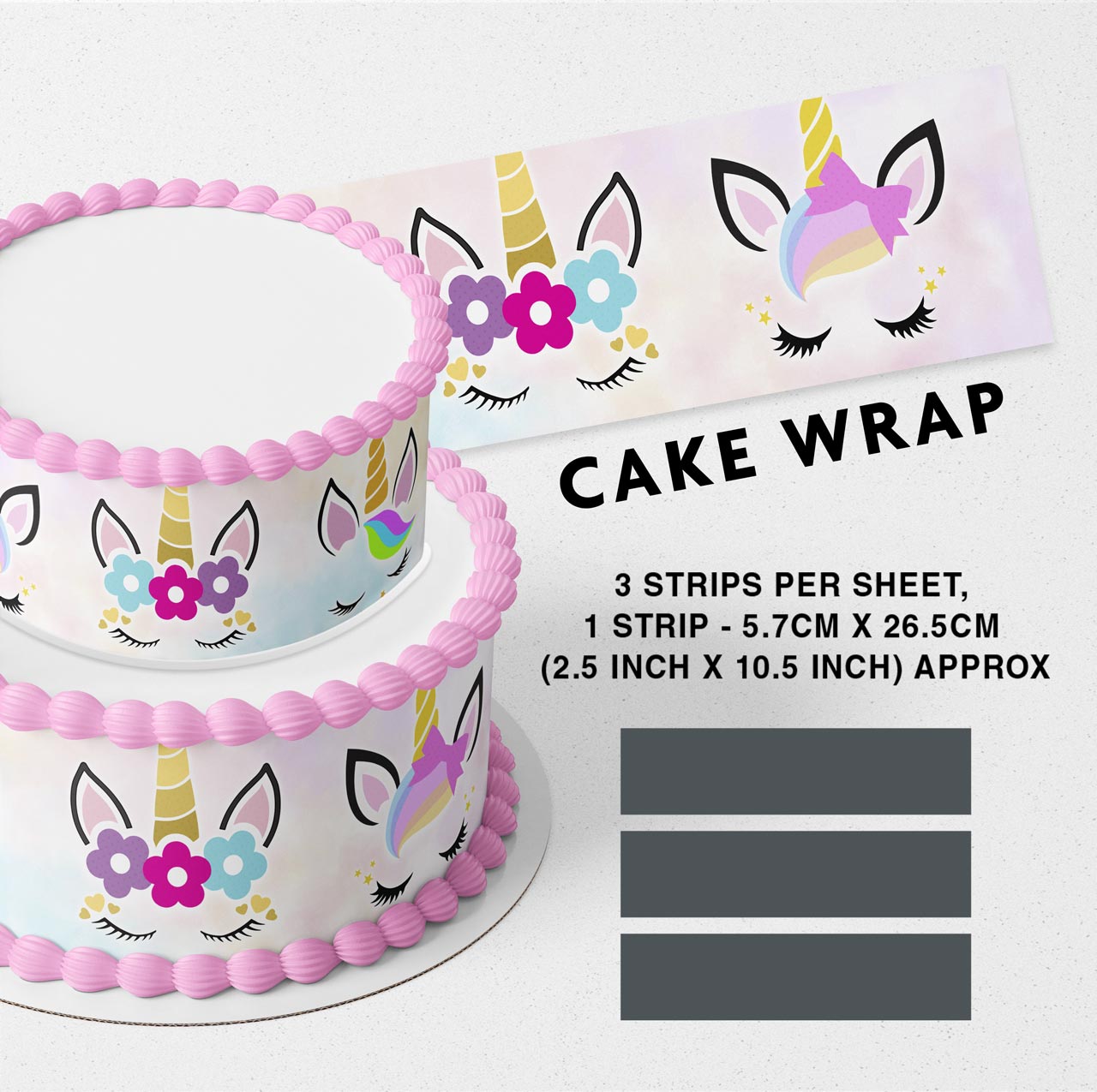 Floral Unicorn Face Strips Edible Icing Printed Cake Wrap Strips Topper Ribbon Border image 0