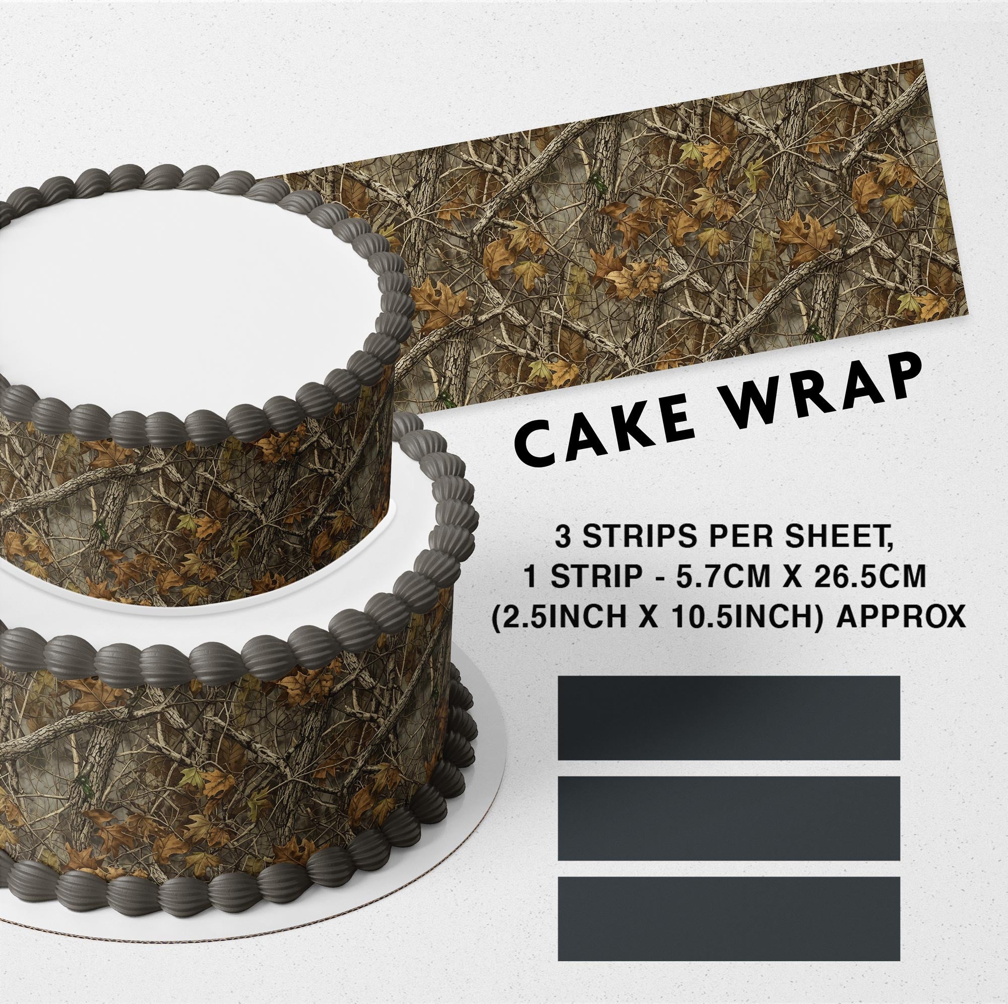 Autumn Camo Brown Edible Icing Printed Cake Wrap Strips Topper Ribbon Border image 0