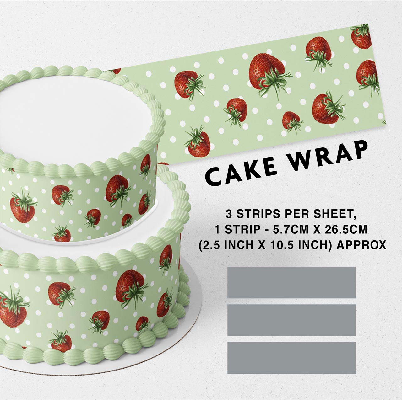 Green Strawberry Dots Edible Icing Printed Cake Wrap Strips Topper Ribbon Border image 0