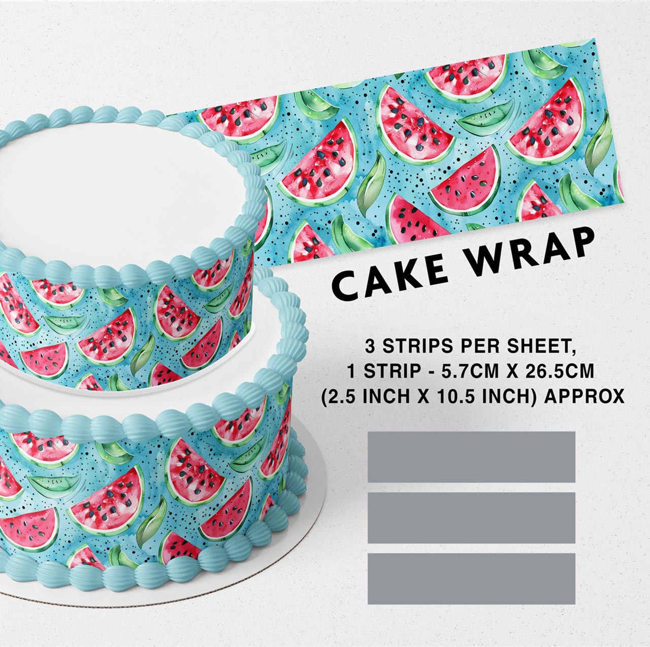 Watermelon Green Leaves Blue Water Edible Icing Printed Cake Wrap Strips Topper Ribbon Border image 0