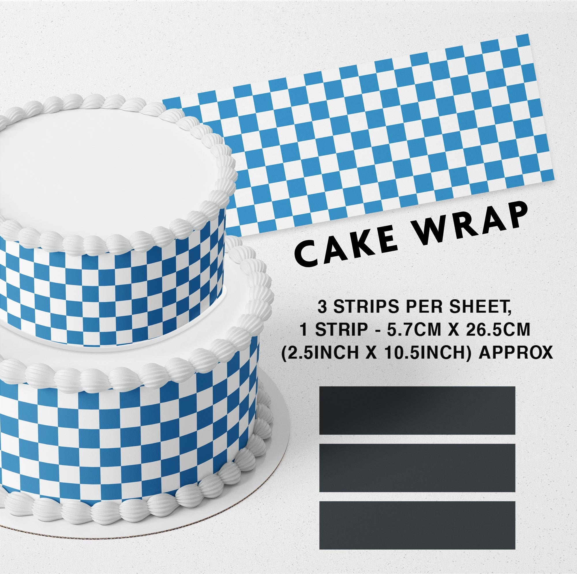 Royal Blue Checkered Edible Icing Printed Cake Wrap Strips Topper Ribbon Border image 0