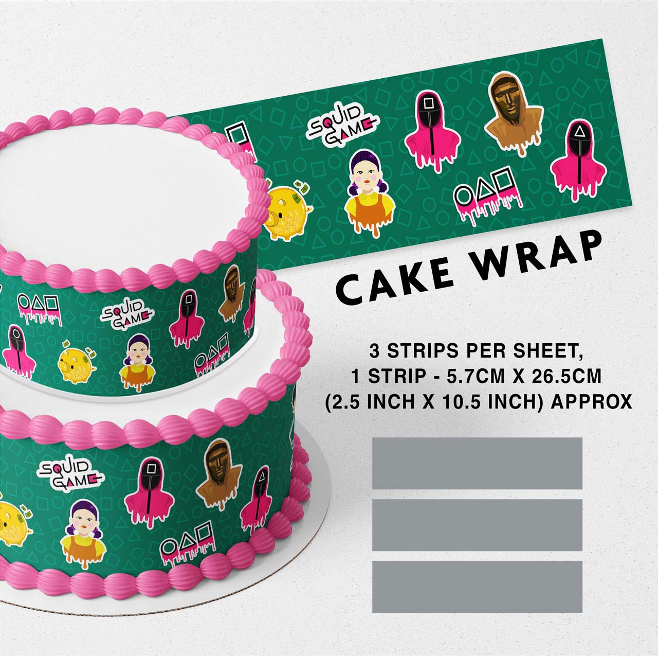 Squip Game Edible Icing Printed Cake Wrap Strips Topper Ribbon Border image 0