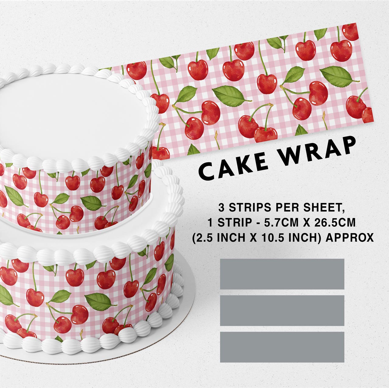 Light Pink Checked Red Cherries Edible Icing Printed Cake Wrap Strips Topper Ribbon Border image 0