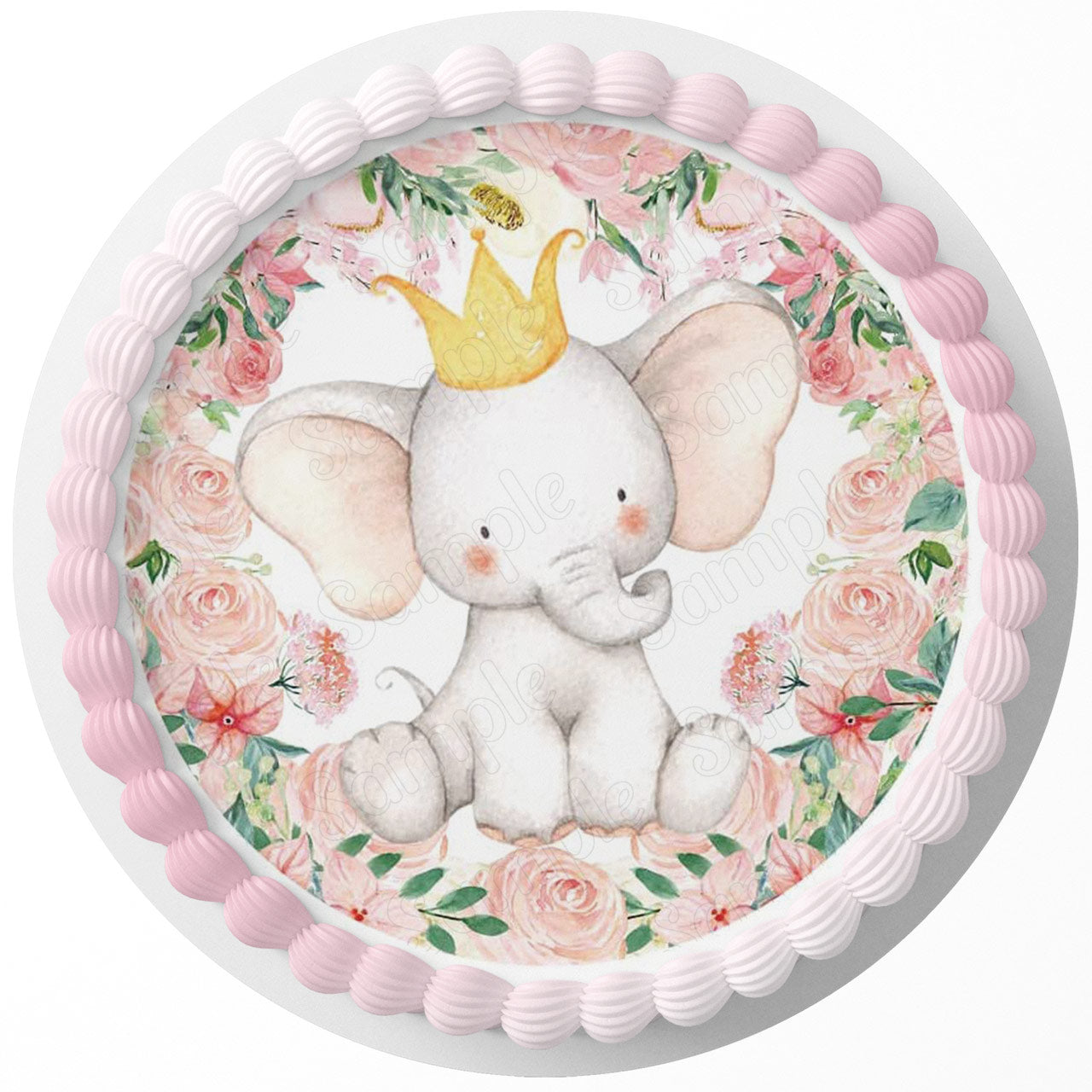 Baby Elephant Crown Pink AHP Round – Icing Sheet Birthday - Personalized Edible Cake Topper | Custom Icing Sheet | Birthday Cake Decoration