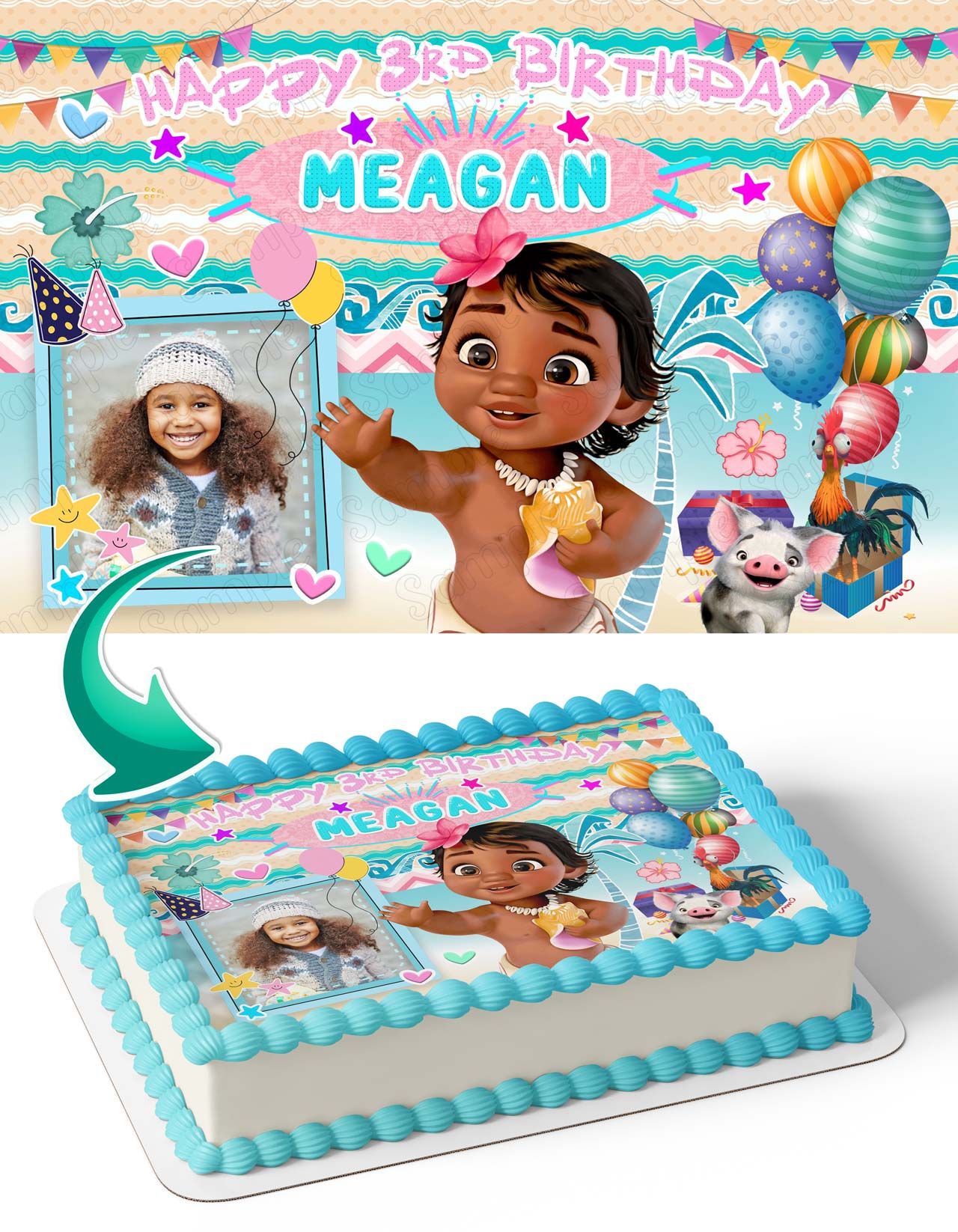 Baby Moana Photo Frame – Birthday Image - Personalized Edible Cake Topper | Custom Icing Sheet | Birthday Cake Decoration | Photo Cake Image