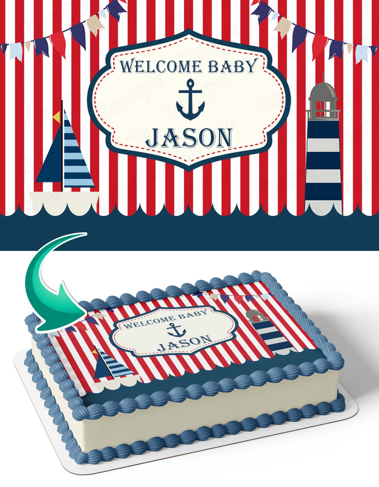 Baby Shower Beach Nautical Sailor BSN Edible Cake Topper