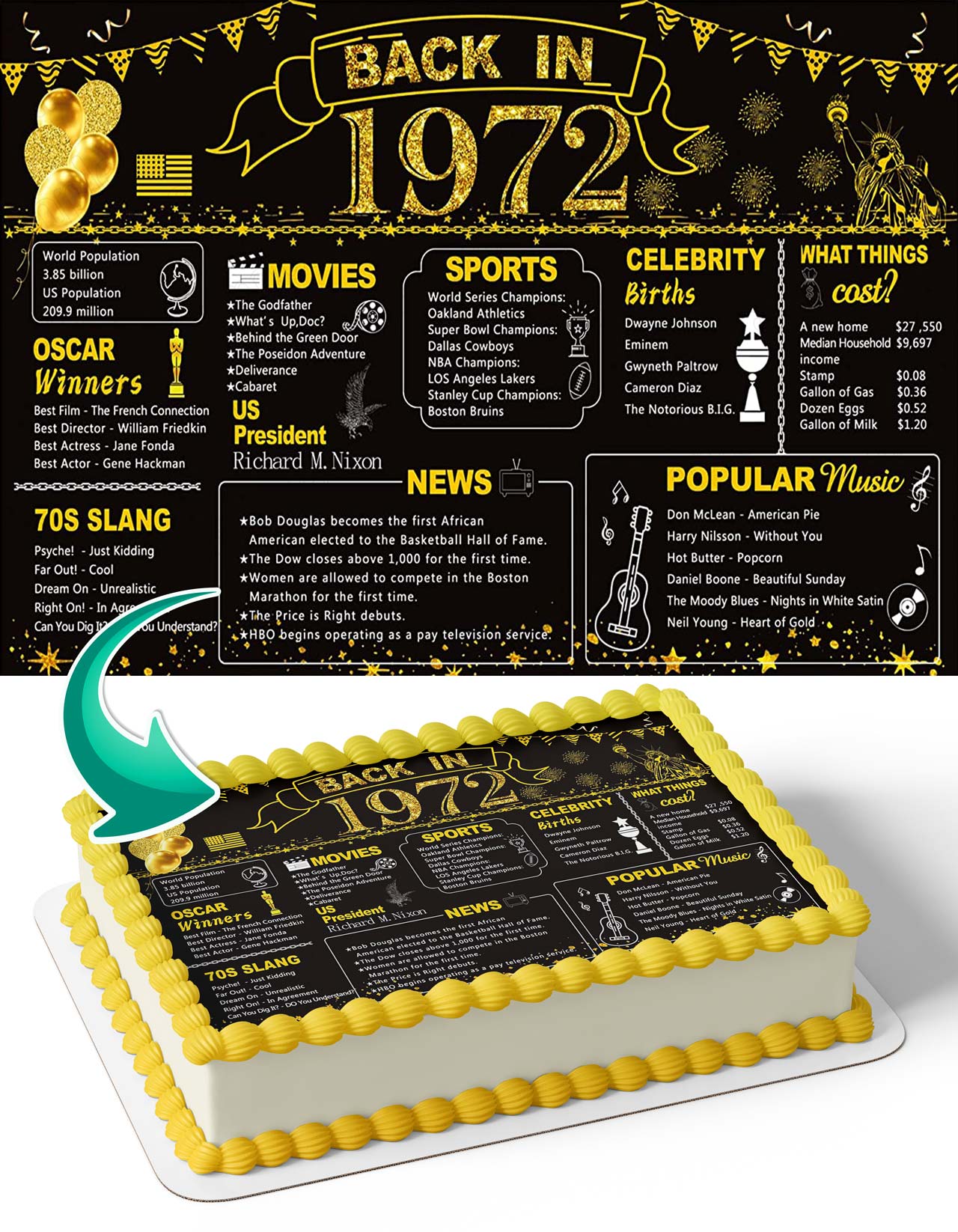 Back in 1972 Black Golden Glitter Shiny Wedding Anniversary Party BL72 Edible Cake Topper