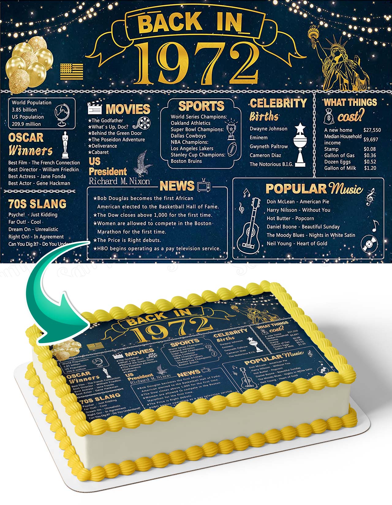 Back in 1972 Blue Golden Glitter Shiny Wedding Anniversary Party BE72 Edible Cake Topper