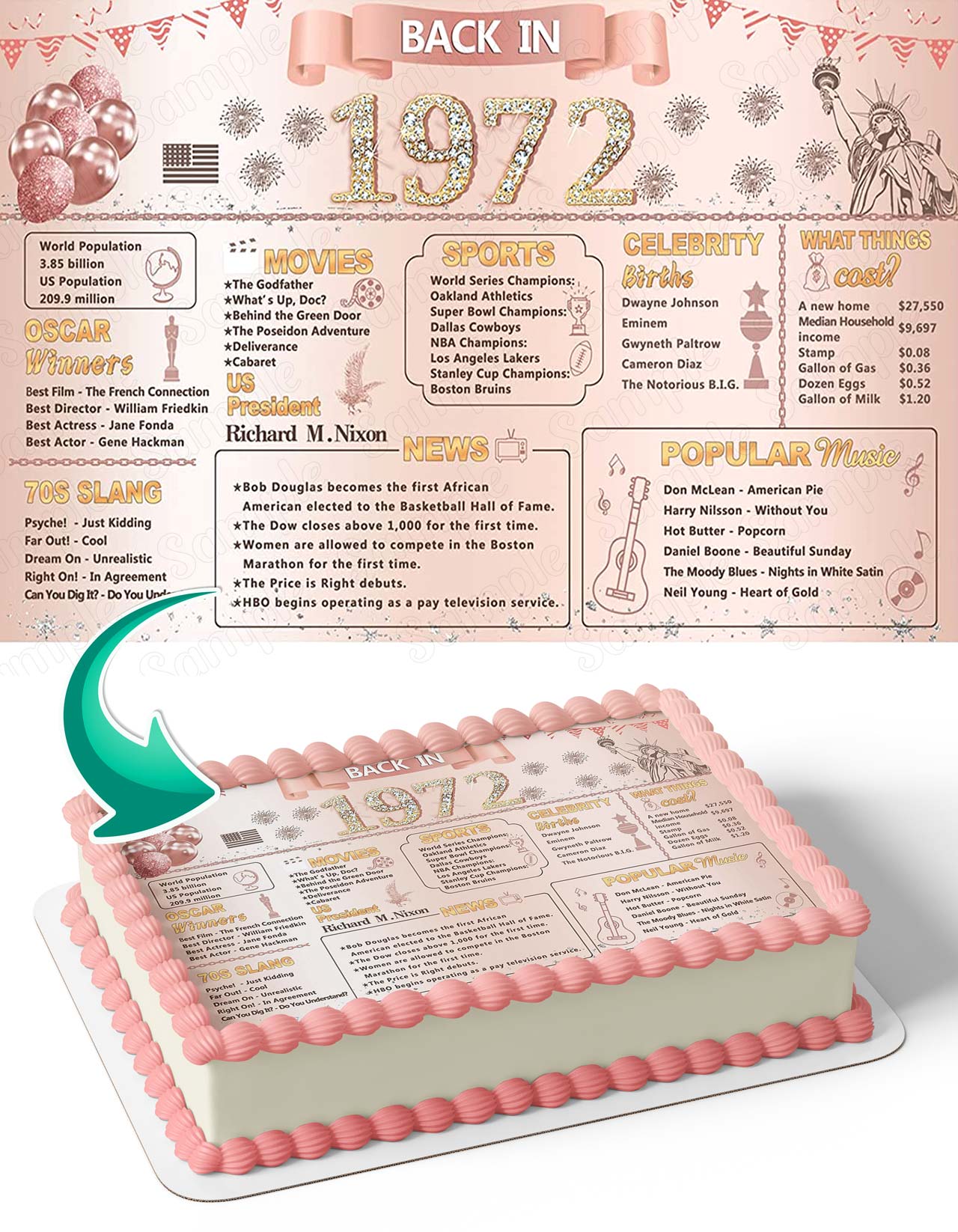 Back in 1972 Pink Glitter Shiny Wedding Anniversary Party PK72 Edible Cake Topper