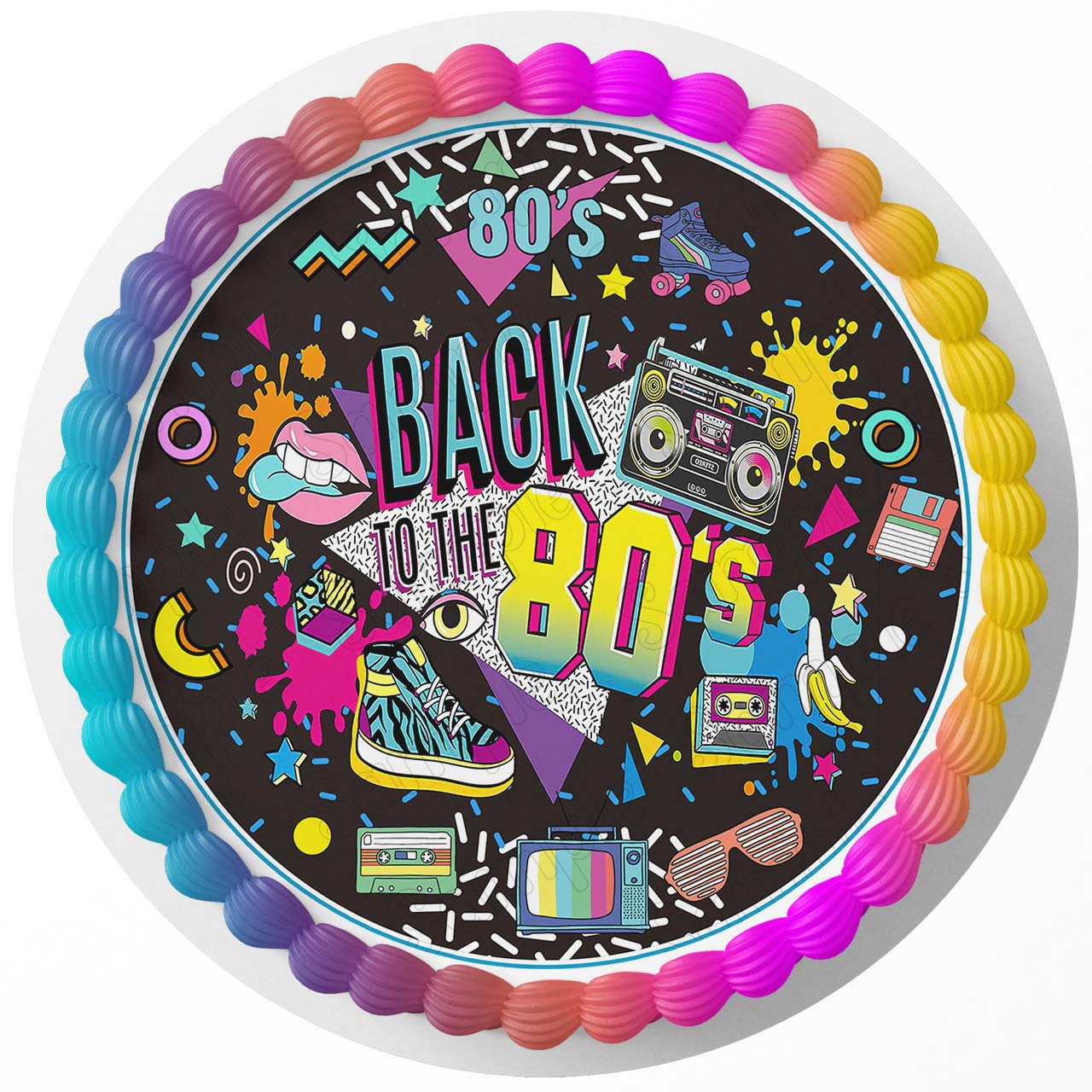 Back To 80s Party Disco Retro Nostalgia Round – Icing Sheet Birth - Personalized Edible Cake Topper | Custom Icing Sheet | Birthday Cake Decoration