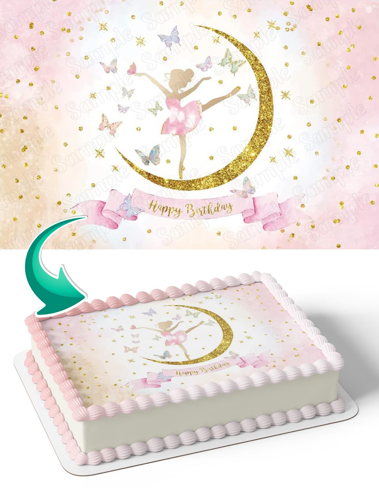 Ballet Dancer Pink Moon Butterflies Edible Cake Topper