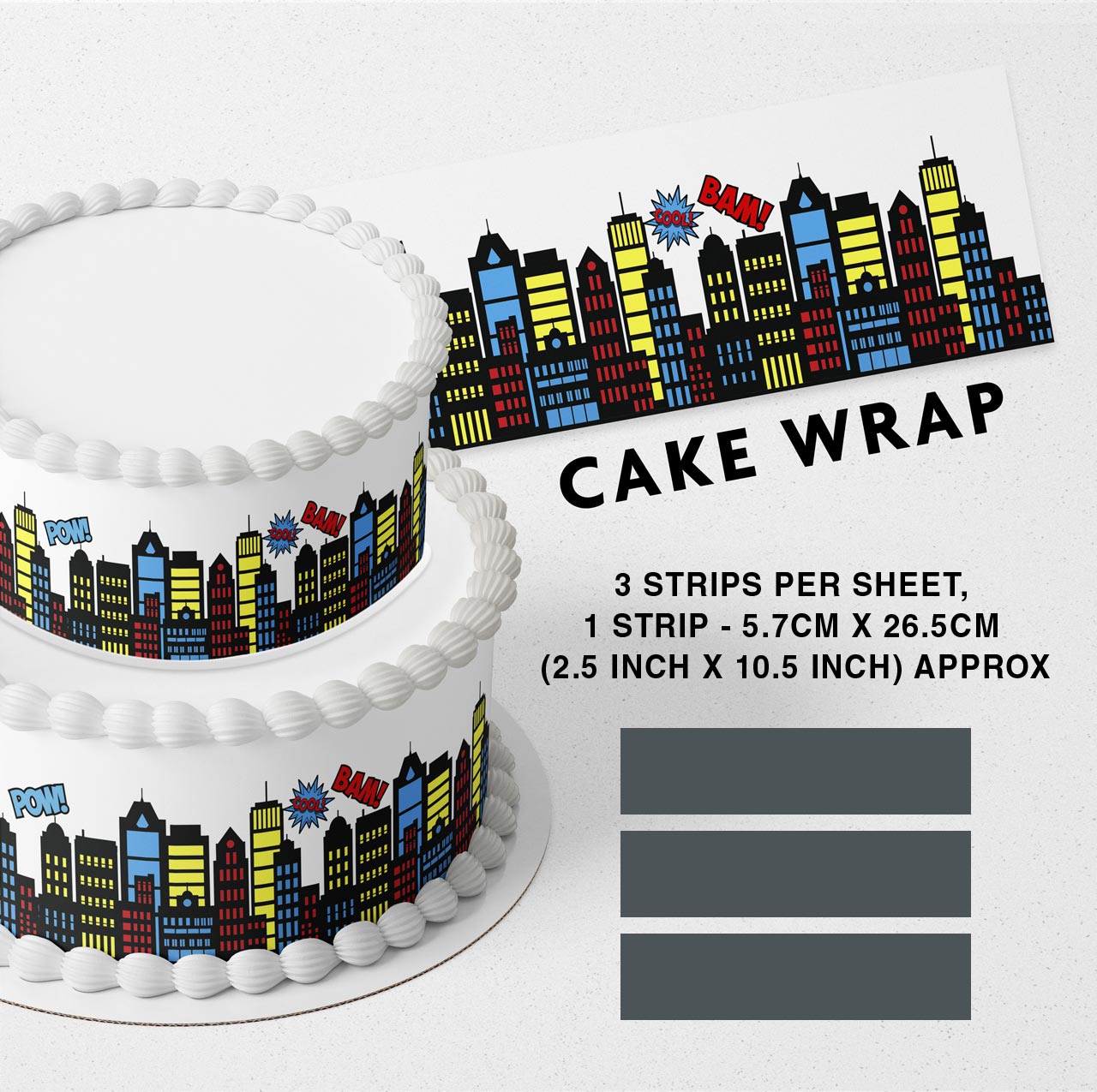 Super Heroes Bulding Background CLR Strips Edible Icing Printed Cake Wrap Strips Topper Ribbon Border image 0